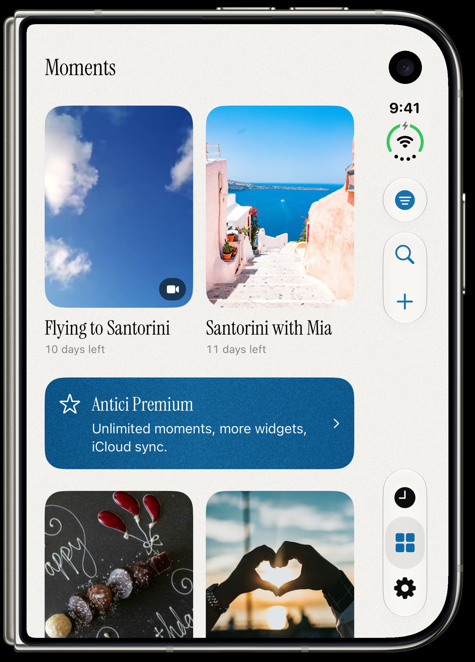 Antici Moments on iPhone Duo, with a trip video, Santorini photo, birthdays, and anniversaries.