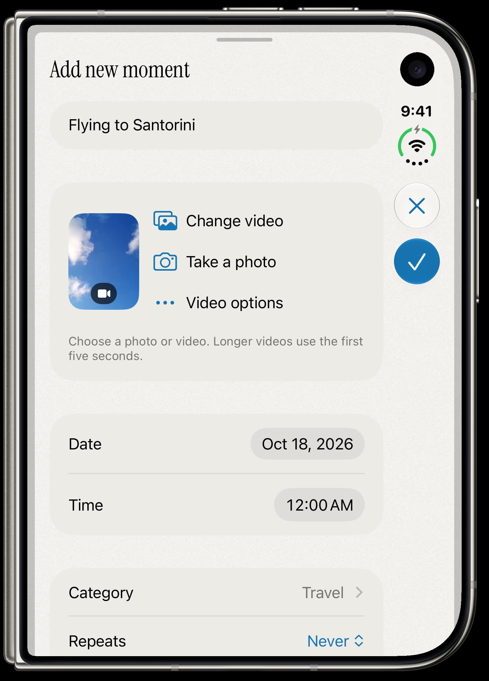 Adding Flying to Santorini in Antici on iPhone Duo, with a cloud video selected, a date, and the Travel category.