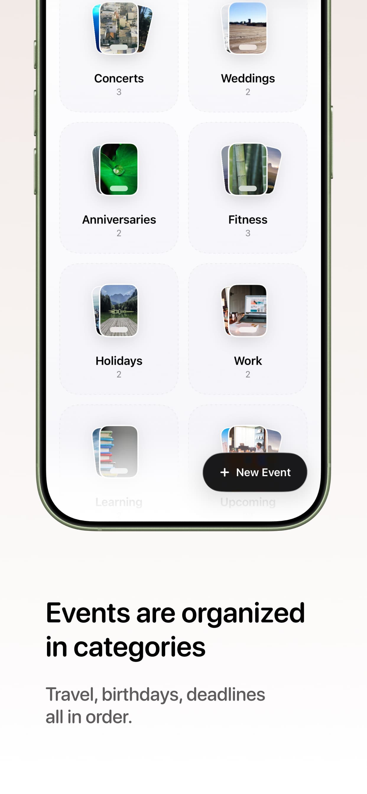 Antici event categories screen with travel, birthday, and deadline countdowns