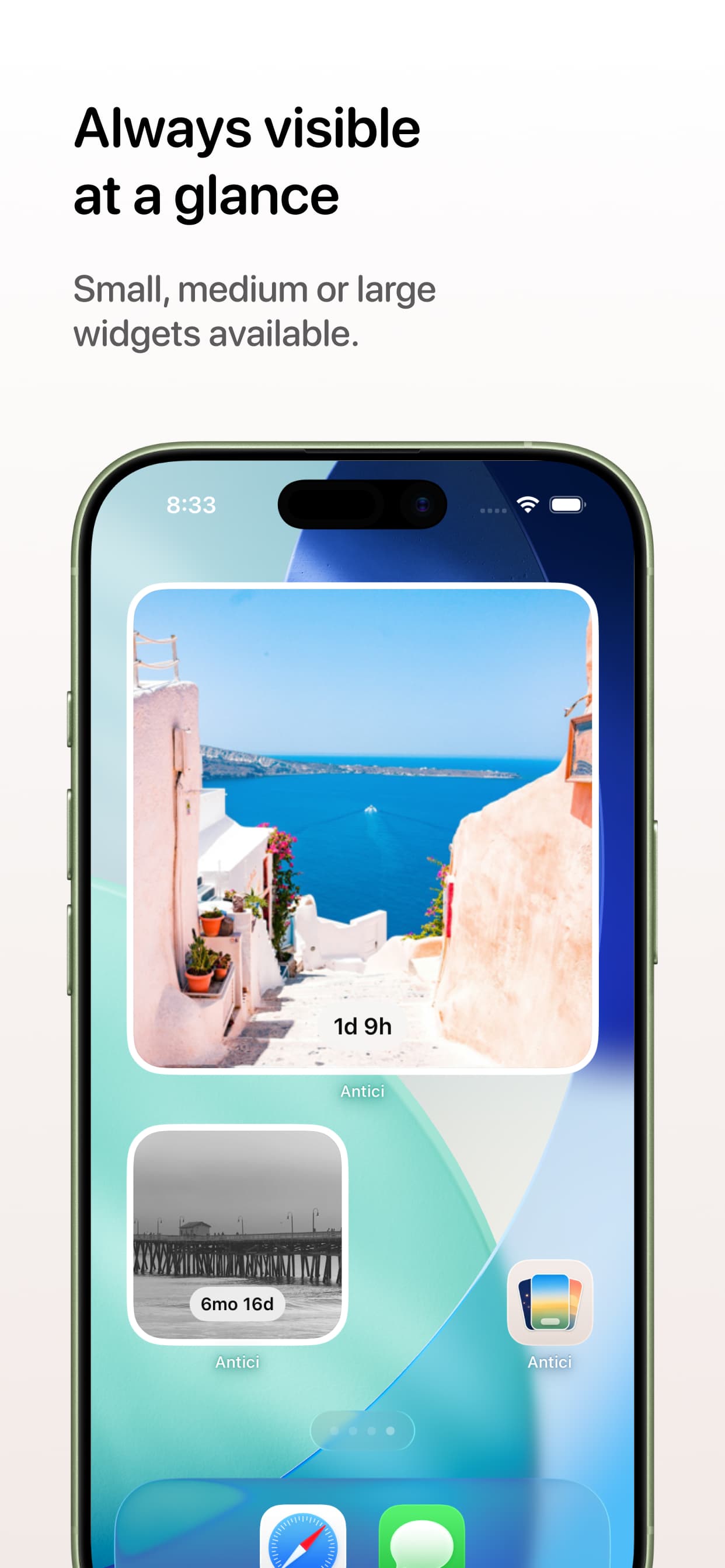Antici Home Screen widgets in small, medium, and large sizes on iPhone