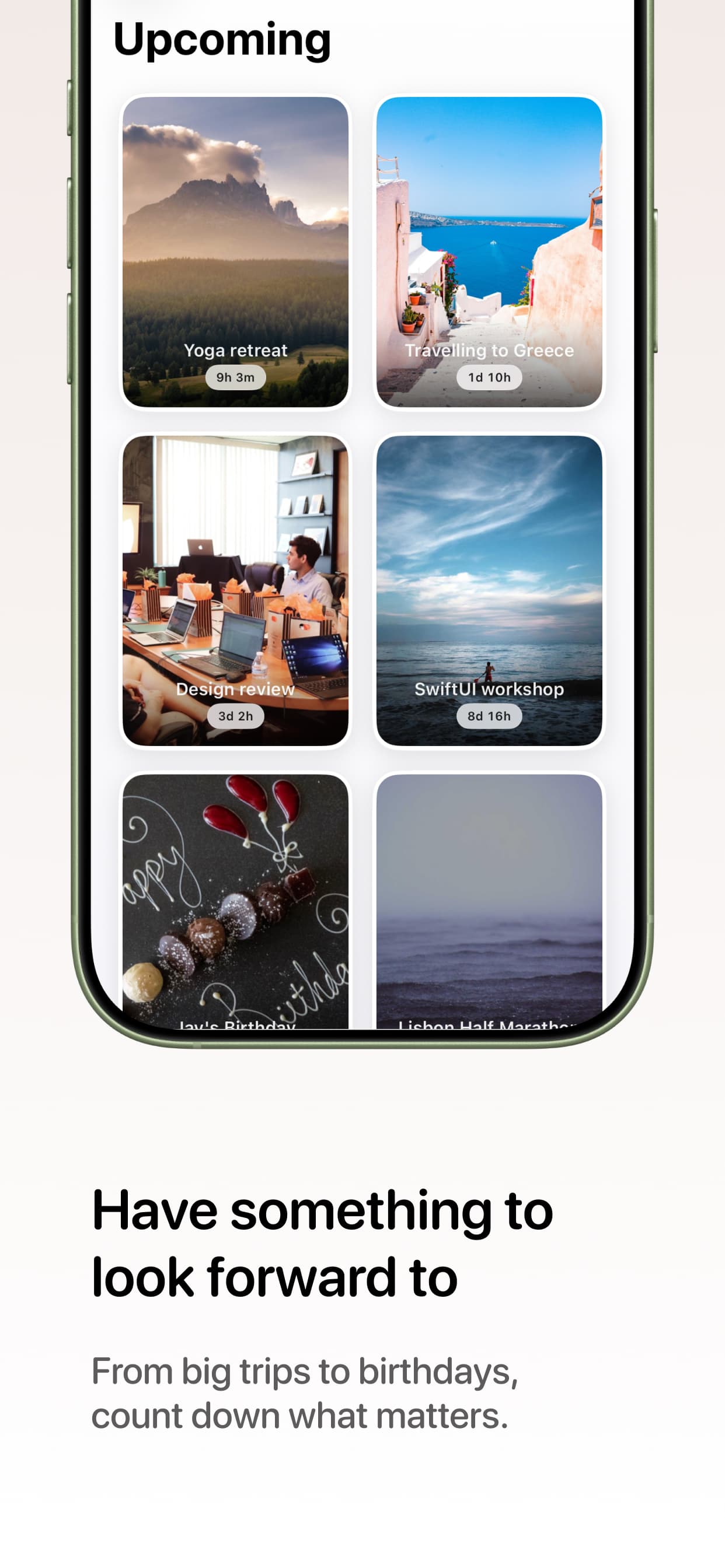 Antici countdown cards for a trip and a birthday on iPhone